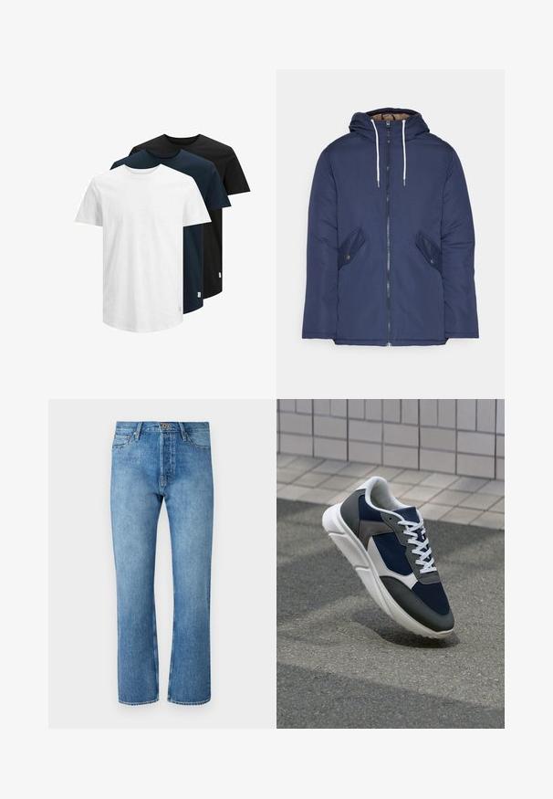 Sötétkék bélelt dzseki kapucnival, elülső cipzárral, két oldalsó zsebbel gombokkal és fehér húzózsinórokkal.; Három rövid ujjú póló fehér, sötét tengerészkék és fekete színben. Pamutból készült, kerek nyakú és egyenes szegélyű. Egyszerű dizájn, minta nélkül.; Világoskék farmernadrág egyenes szárú szabással, klasszikus öt zsebes dizájnnal, gombos záródással és kontrasztos varrással.; Cipő, amelynek sötétkék hálós felsőrésze, szürke velúr díszítései, fehér gumitalpa és lapos fehér fűzője van, a kényelem és a légáteresztő képesség érdekében tervezve.