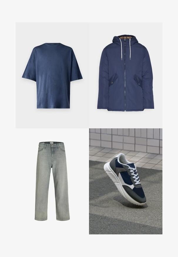 Navy blue padded jacket with a hood, featuring a front zipper, two side pockets with buttons, and white drawstrings.; Navy blue short-sleeve T-shirt, made of soft fabric, features a classic crew neck and relaxed fit, with no visible patterns or accents.; Light gray, loose-fitting jeans made of denim. Features a classic five-pocket design, belt loops, and a straight leg silhouette.; Sneaker featuring a navy blue mesh upper, gray suede accents, white rubber sole, and flat white laces, designed for comfort and breathability.