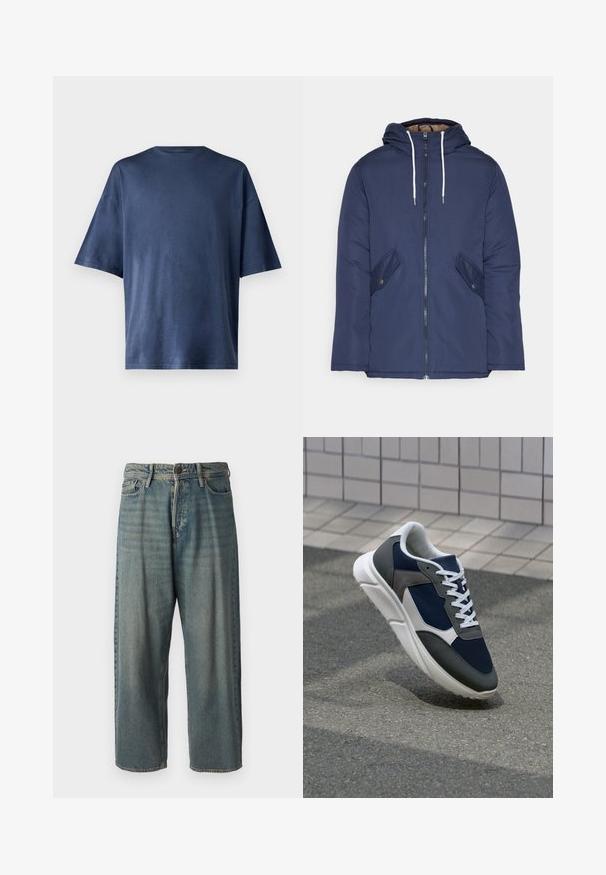 Sötétkék bélelt dzseki kapucnival, elülső cipzárral, két oldalsó zsebbel gombokkal és fehér húzózsinórokkal.; Tengerészkék, rövid ujjú póló, puha anyagból készült, klasszikus kerek nyakkal és laza szabással, látható minták vagy díszítések nélkül.; Világoskék farmernadrág, laza fazonnal, közepes derékbőséggel és egyenes szárral. Öt zsebet, övbucskát és gombos záródást tartalmaz.; Cipő, amelynek sötétkék hálós felsőrésze, szürke velúr díszítései, fehér gumitalpa és lapos fehér fűzője van, a kényelem és a légáteresztő képesség érdekében tervezve.