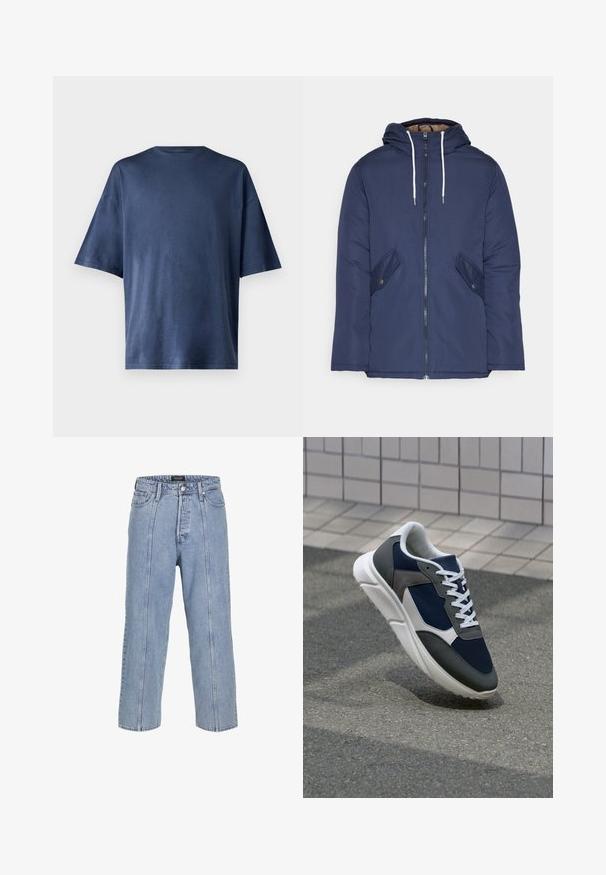 Granatowa pikowana kurtka z kapturem, z zamkiem z przodu, dwoma bocznymi kieszeniami z guzikami oraz białymi sznurkami.; Granatowa koszulka z krótkim rękawem, wykonana z miękkiego materiału, z klasycznym okrągłym dekoltem i luźnym krojem, bez widocznych wzorów czy akcentów.; Jasnoniebieskie dżinsy o luźnym kroju, szerokich nogawkach i widocznych detalach szwów. Posiadają zapięcie na guzik i zamek błyskawiczny oraz pięć kieszeni.; Sneakers z granatową siateczkową cholewką, szarymi zamszowymi akcentami, białą gumową podeszwą i płaskimi białymi sznurówkami, zaprojektowane z myślą o komforcie i wentylacji.