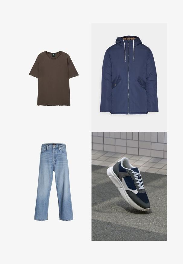 Námorně modrá prošívaná bunda s kapucí, která má přední zip, dvě boční kapsy s knoflíky a bílé šňůrky.; Hnědé tričko s krátkým rukávem vyrobené z měkké tkaniny, s kulatým výstřihem a mírně uvolněným střihem se zřetelnými detaily šití.; Světle modré džínové kalhoty širokého střihu s vysokým pasem, s knoflíkovým zapínáním, pětikomorovým designem a jemným ombré efektem. Čistý lem.; Tenisky s horní částí z námornicky modré síťoviny, šedými semišovými akcenty, bílou gumovou podrážkou a plochými bílými tkaničkami, navržené pro pohodlí a prodyšnost.