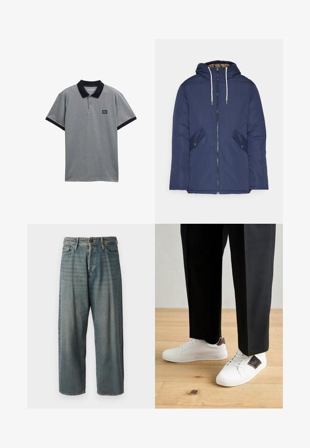 Jūrinė mėlyna pūkinė striukė su kapišonu, turinti priekinį užtrauktuką, dvi šonines kišenes su sagomis ir baltus raiščius.; Pilkos spalvos polo marškiniai su juodu apykakle ir rankovių akcentais. Yra trys mygtukai ir mažas logotipo ženklelis krūtinėje. Pagaminti iš medvilnės mišinio.; Šviesiai mėlyni džinsai su laisvu siluetu, vidutinio aukščio juosmeniu ir tiesiomis kojomis. Su penkiais kišenėmis, diržo kilpo ir mygtukų uždarymu.; Balti sportbačiai su glotnia danga, puošti rudais odiniais akcentais ir juodais detalėmis, derinami su juodais pritaikytais kelnėmis. Medinių grindų fonas.