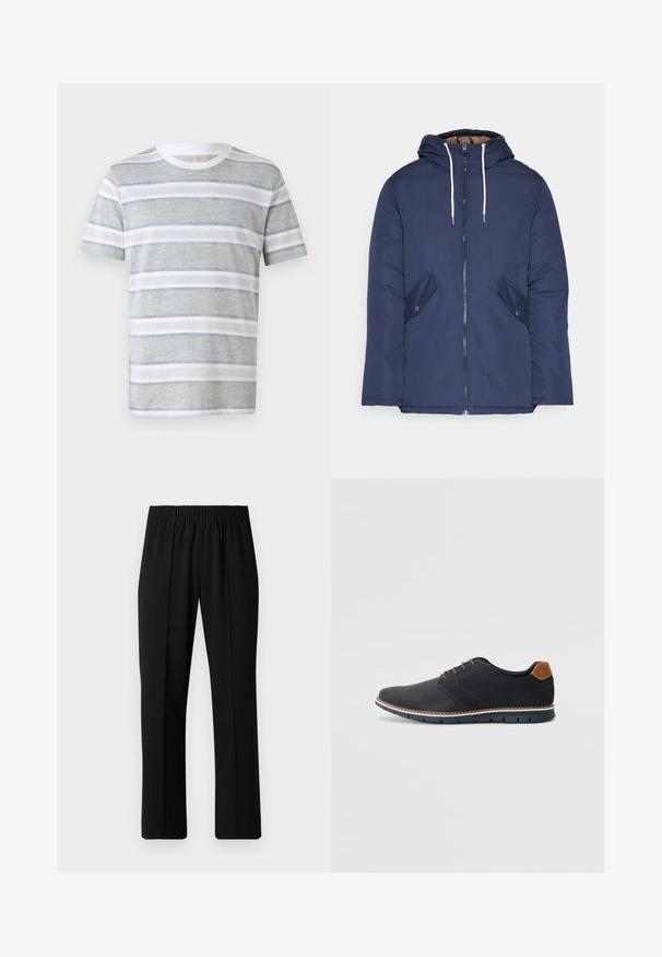 Jūras zila pufīgā jaka ar kapuci, kas aprīkota ar priekšējo rāvējslēdzēju, divām sānu kabatām ar pogām un baltiem aukliņām.; Svītrains īsām piedurknēm T-krekls gaiši pelēkā un baltā krāsā. Iespējami horizontāli svītri, apaļš kakls un mīksta tekstūra. Vienkāršs dizains.; Melni elastīgi bikses ar taisnas kājas dizainu, ar gludu tekstūru un bez redzamām zīmēm vai detaļām.; Melni sintētiskie apavi ar struktūru augšdaļā, gludu akcentu, brūnu papēdi un kontrastējošu zoli. Iezīmē minimālu šņorēšanu un šuvju detaļas.