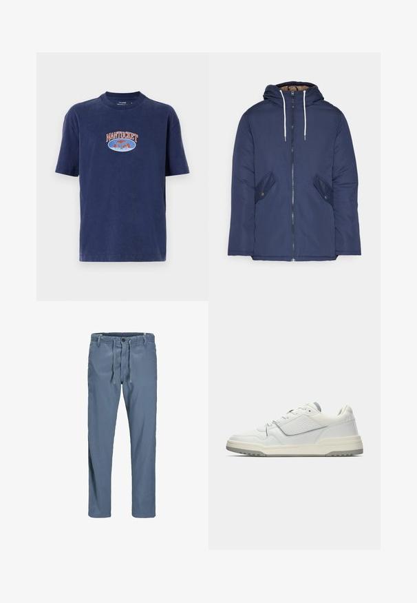 Mørkeblå polstret jakke med hætte, fremhævet af en frontlynlås, to sidelommer med knapper og hvide snore.; Mørkeblå bomulds T-shirt med rund halsudskæring og korte ærmer, med teksten "NANTUCKET" og en hvalgrafik i orange og blå broderi.; Blå, letvægts bomuldsbukser med drawstring talje, knaplukning og sidelommer. Lige ben design uden synlige mønstre.; Hvide atletiske sko med en glat læder- og mesh-overdel, der har grå accenter, perforeret panel, rund tå og tekstureret gummisål.