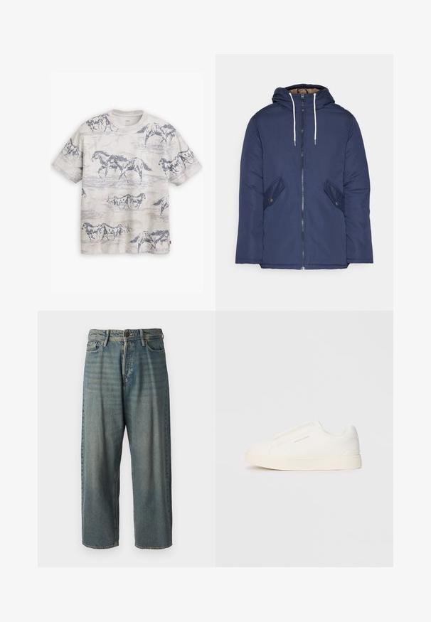 Jūras zila pufīgā jaka ar kapuci, kas aprīkota ar priekšējo rāvējslēdzēju, divām sānu kabatām ar pogām un baltiem aukliņām.; Levi's® VINTAGE - Pamata T-krekls - white onyx; Gaiši zili džinsi ar brīvu piegriezumu, vidējo jostas augstumu un taisnām kājām. Satur piecas kabatas, jostas cilpas un pogu aizdari.; Baltas slip-on sporta apavi ar teksturētu virsmu, biezu zoli un minimālistisku dizainu. Sānos redzams zīmola logotips.