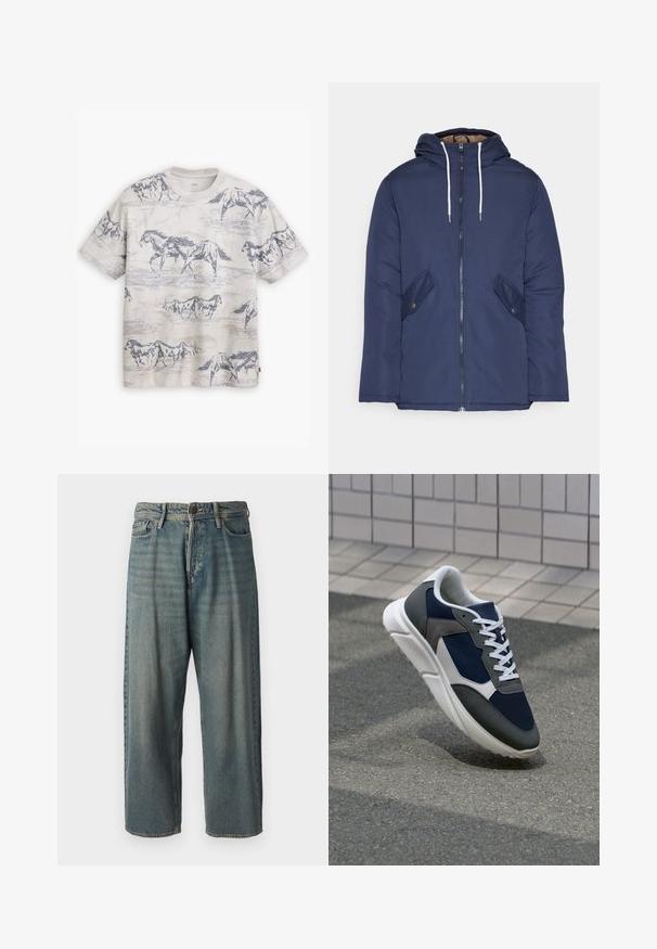 Jūras zila pufīgā jaka ar kapuci, kas aprīkota ar priekšējo rāvējslēdzēju, divām sānu kabatām ar pogām un baltiem aukliņām.; Levi's® VINTAGE - Pamata T-krekls - white onyx; Gaiši zili džinsi ar brīvu piegriezumu, vidējo jostas augstumu un taisnām kājām. Satur piecas kabatas, jostas cilpas un pogu aizdari.; Sporta apavi ar tumši zilas krāsas tīkla augšdaļu, pelēku zamšādas akcentiem, baltu gumijas zoli un plakaniem baltiem šņorēm, kas izstrādāti komfortam un elpojamībai.