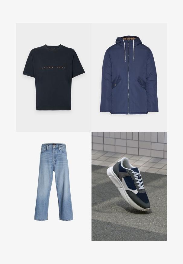 Giacca imbottita blu navy con cappuccio, dotata di zip frontale, due tasche laterali con bottoni e lacci bianchi.; T-shirt in cotone nero con maniche corte e colletto girocollo. Sul davanti è presente la scritta "JACK & JONES" in evidenti lettere arancioni. Texture liscia.; Jeans a palazzo in denim blu chiaro con vita alta, dotati di chiusura a bottoni, design a cinque tasche e un leggero effetto sbiadito. Orli puliti.; Sneaker con tomaia in rete blu navy, inserti in suede grigio, suola in gomma bianca e lacci bianchi piatti, progettata per comfort e traspirabilità.
