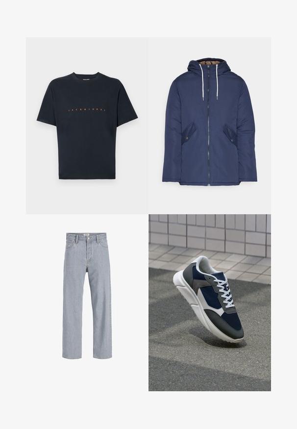 Navy blue padded jacket with a hood, featuring a front zipper, two side pockets with buttons, and white drawstrings.; Black cotton t-shirt featuring short sleeves and a crew neck. Front displays "JACK & JONES" in bold orange lettering. Smooth texture.; Light blue denim jeans with a relaxed fit, straight leg design, visible stitching, two front pockets, and a button closure.; Sneaker featuring a navy blue mesh upper, gray suede accents, white rubber sole, and flat white laces, designed for comfort and breathability.
