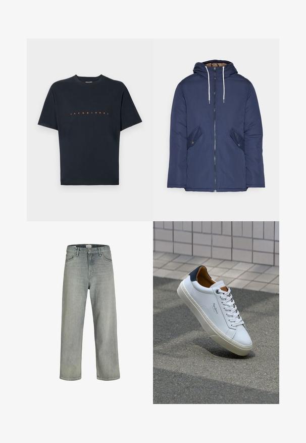 Tumesinine vahtkatseline jakk, millel on kapuuts, esilukk, kaks küljetaskut nupuga ja valged tõmblukud.; Musta puuvillane T-särk, millel on lühikesed varrukad ja ümmargune kaelus. Ees on boldselt oranžis kirjas "JACK & JONES". Sile tekstuur.; Heledad hallhallid, laia lõikega denimist teksased. Omavad klassikalist viie tasku disaini, vööloopse ja sirget säärelõiget.; Valge nahast tennis, millel on tumesinine konts, ümmargune nina ja kontrastsed pruuni aktsendid. Omab lamepaelti ja tekstureeritud kummist tallat.