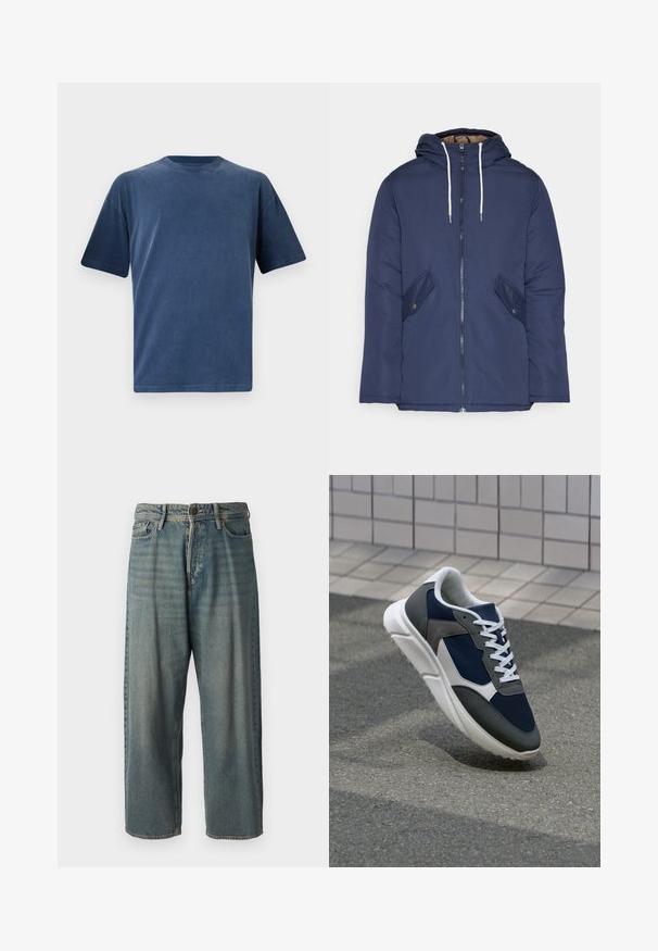 Mornarsko modra podložena jakna s kapuco, ki ima sprednji zadrgo, dva stranska žepa s gumbi in bele vrvice.; Temno modra bombažna majica s kratkimi rokavi, okroglo izrezana, sproščenega kroja in gladke teksture. Brez vidnih vzorcev ali strojnih podrobnosti.; Svetlomoderne kavbojke z ohlapnim krojem, srednjim pasom in ravnimi nogami. Imajo pet žepov, zanke za pas in zapiranje na gumb.; Superge z zgornjim delom iz mrežaste tkanine v mornarsko modri barvi, sivi usnjeni poudarki, belo gumijasto podplato in ravnimi belimi vezalkami, zasnovane za udobje in zračnost.