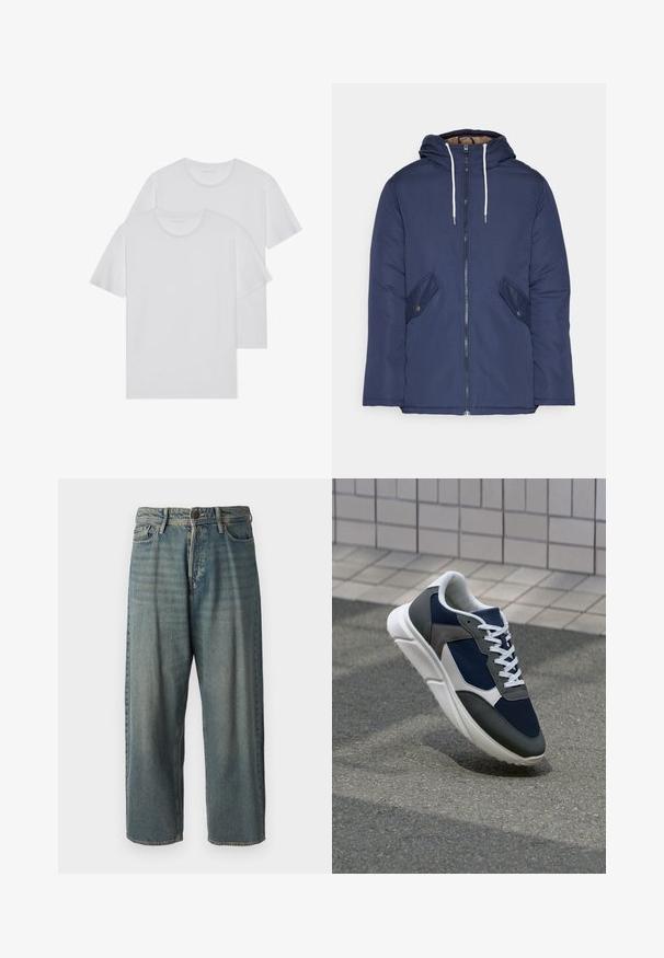 Navy blue padded jacket with a hood, featuring a front zipper, two side pockets with buttons, and white drawstrings.; Two white cotton t-shirts with round necks, short sleeves, and a soft texture. Both feature a solid color and no visible patterns or hardware.; Light blue denim jeans with a loose fit, mid-rise waist, and straight legs. Features five pockets, belt loops, and a button closure.; Sneaker featuring a navy blue mesh upper, gray suede accents, white rubber sole, and flat white laces, designed for comfort and breathability.