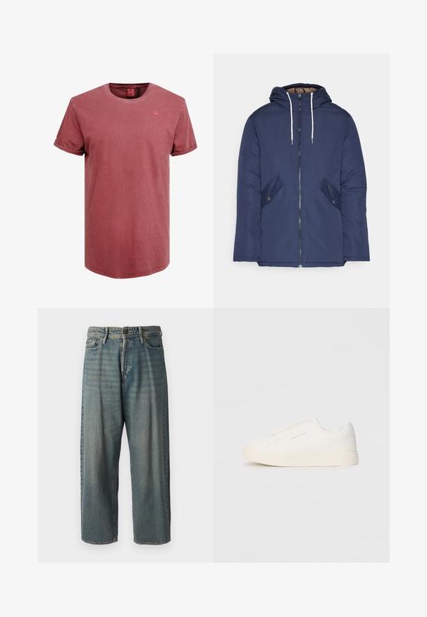 Casaco acolchoado azul-marinho com capuz, apresentando um fecho frontal com zíper, dois bolsos laterais com botões e cordões brancos.; T-shirt de algodão vermelho desbotado de mangas curtas e decote redondo. Apresenta um pequeno logotipo tonal no peito e punhos de mangas dobrados. Textura suave.; Jeans de ganga azul claro com um corte solto, cintura média e pernas retas. Apresenta cinco bolsos, passadores de cinto e fecho com botão.; Sapatilhas brancas de atacar com uma superfície texturizada, sola grossa e design minimalista. Possui o logo da marca na lateral.