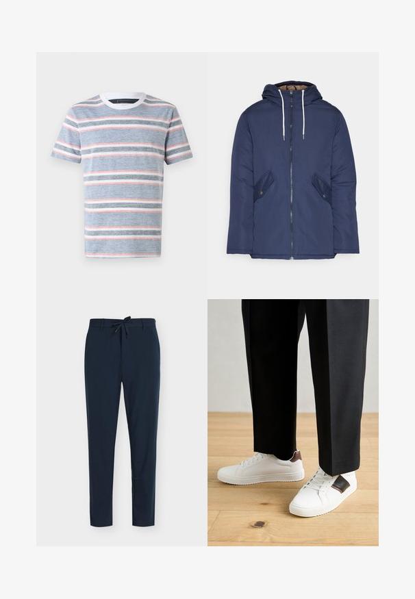 Námornícky modrá vystužená bunda s kapucňou, so zipsom vpredu, dvomi bočnými vreckami s gombíkmi a bielymi šnúrkami.; Prúžkované tričko v modrej farbe s vodorovnými pruhmi v bielej, šedej a ružovej. Okrúhly výstrih a kratké rukávy, vyrobené z ľahkej tkaniny.; Tmavomodré nohavice vyrobené z hladkej látky s pásom na šnúrku, zdobené vertikálnym prúžkovaným vzorom a strihom zužujúcim sa pri nohách.; Biele tenisky s hladkým povrchom, s hnedými koženými akcentmi a čiernymi detailmi, spárované s čiernymi elegantnými nohavicami. Pozadím je drevená podlaha.