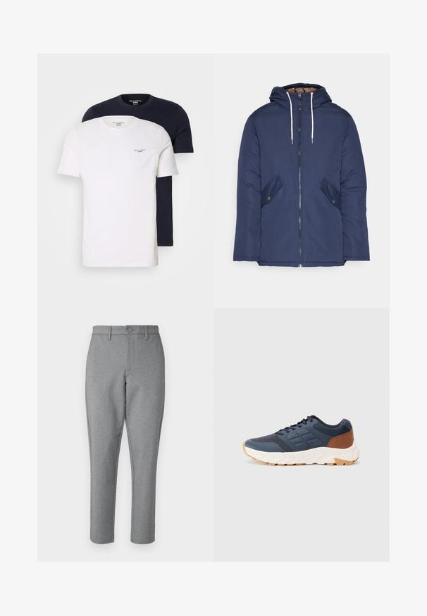 Jachetă căptușită bleu marin cu glugă, având un fermoar frontal, două buzunare laterale cu nasturi și șnururi albe.; Două tricouri cu guler rotund așezate unul peste altul; unul alb, celălalt bleumarin. Ambele au mâneci scurte și un mic logo "Marc O'Polo Denim" pe piept.; Pantaloni gri, croiți pe măsură, cu o textură subtilă, tăietură dreaptă și închidere frontală cu nasture. Au bucle pentru curea și buzunare laterale.; Adidași de culoare albastru închis, cu un accent maro pe toc, superior din plasă texturată, guler căptușit și talpă din cauciuc albă cu un model pe tread.