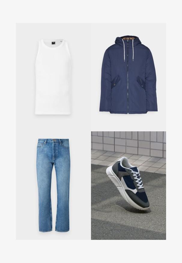Marineblå polstret jakke med hette, med glidelås foran, to sidelommer med knapper og hvite snorer.; Hvit bomullstank topp med rund halsutskjæring, brede armhull og slank passform. Har et merke på innsiden av nakken. Glatt tekstur.; Lyseblå denimjeans med rett benkutt, som har et klassisk fem-lommers design, knappelukking og kontraststing.; Sneakers med en navy blå mesh-overdel, grå sømværk, hvit gummisåle og flate hvite snører, designet for komfort og pusteevne.