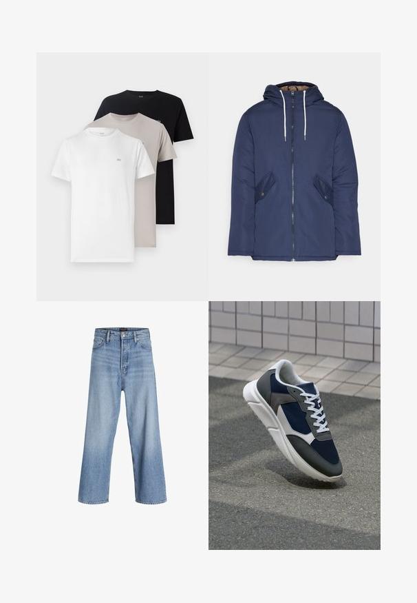 Marineblauwe gewatteerde jas met een capuchon, voorzien van een rits aan de voorkant, twee zijzakken met knopen en witte trekkoorden.; Drie crewneck t-shirts in wit, beige en zwart, gemaakt van zacht katoen met een klein logo op de borst voor elke kleur.; Lichtblauwe denim wijdvallende jeans met een hoge taille, voorzien van een knoopsluiting, vijf pockets en subtiele vervaging. Schoon afgewerkte zoom.; Sneaker met een marineblauwe mesh bovenwerk, grijze suède accenten, witte rubberen zool en platte witte veters, ontworpen voor comfort en ademend vermogen.