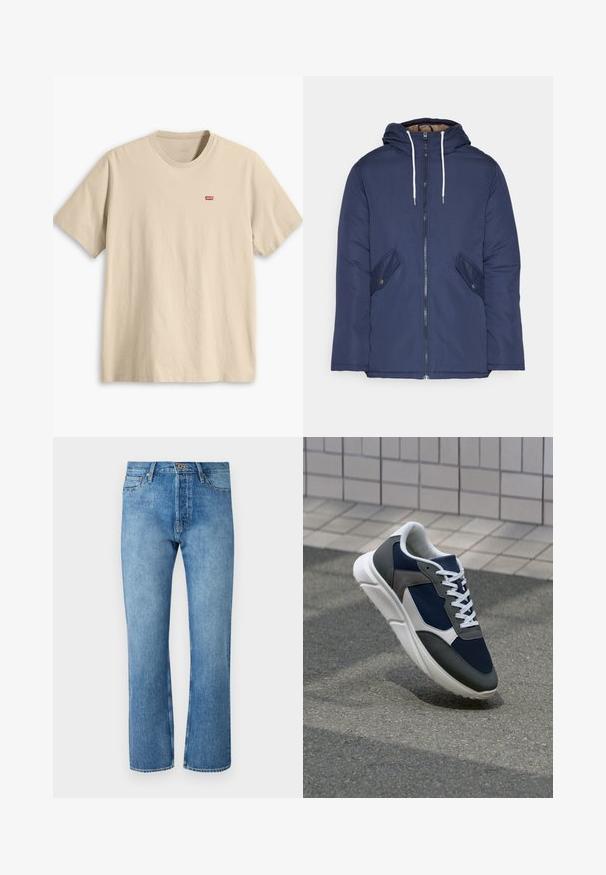 Giacca imbottita blu navy con cappuccio, dotata di zip frontale, due tasche laterali con bottoni e lacci bianchi.; T-shirt in cotone beige con maniche corte, scollo rotondo e un piccolo logo rosso Levi's sul petto sinistro. Tessuto morbido, vestibilità rilassata.; Jeans in denim azzurro chiaro con taglio dritto, caratterizzati da un classico design a cinque tasche, chiusura con bottone e cuciture a contrasto.; Sneaker con tomaia in rete blu navy, inserti in suede grigio, suola in gomma bianca e lacci bianchi piatti, progettata per comfort e traspirabilità.