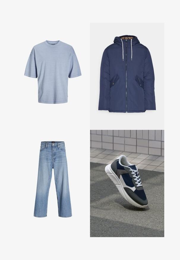 Námorně modrá prošívaná bunda s kapucí, která má přední zip, dvě boční kapsy s knoflíky a bílé šňůrky.; Světle modré tričko s krátkým rukávem vyrobené z měkké látky. Má kulatý výstřih a uvolněný střih s prošitými lemy. Jednoduchý design, bez vzorů.; Světle modré džínové kalhoty širokého střihu s vysokým pasem, s knoflíkovým zapínáním, pětikomorovým designem a jemným ombré efektem. Čistý lem.; Tenisky s horní částí z námornicky modré síťoviny, šedými semišovými akcenty, bílou gumovou podrážkou a plochými bílými tkaničkami, navržené pro pohodlí a prodyšnost.