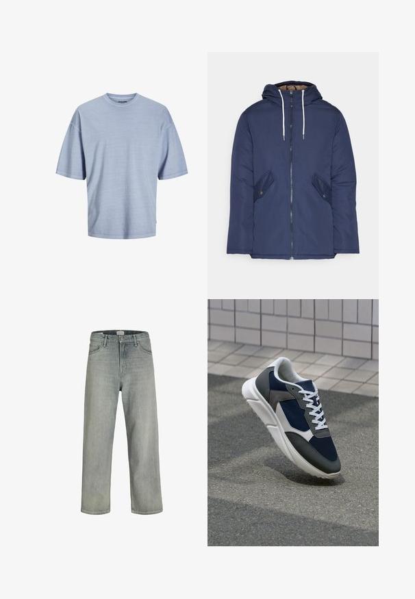 Mørkeblå polstret jakke med hætte, fremhævet af en frontlynlås, to sidelommer med knapper og hvide snore.; Lysblå kortærmet t-shirt lavet af blødt stof. Har en rund halsudskæring og afslappet pasform med syede kanter. Simpelt design, ingen mønstre.; Lysegrå, løstsiddende jeans lavet af denim. Har et klassisk fem-lomme design, bæltestropper og en lige ben silhuet.; Sneakers med en overdel i marineblå mesh, grå suedeteksturer, hvid gummisål og flade hvide snørebånd, designet til komfort og åndbarhed.