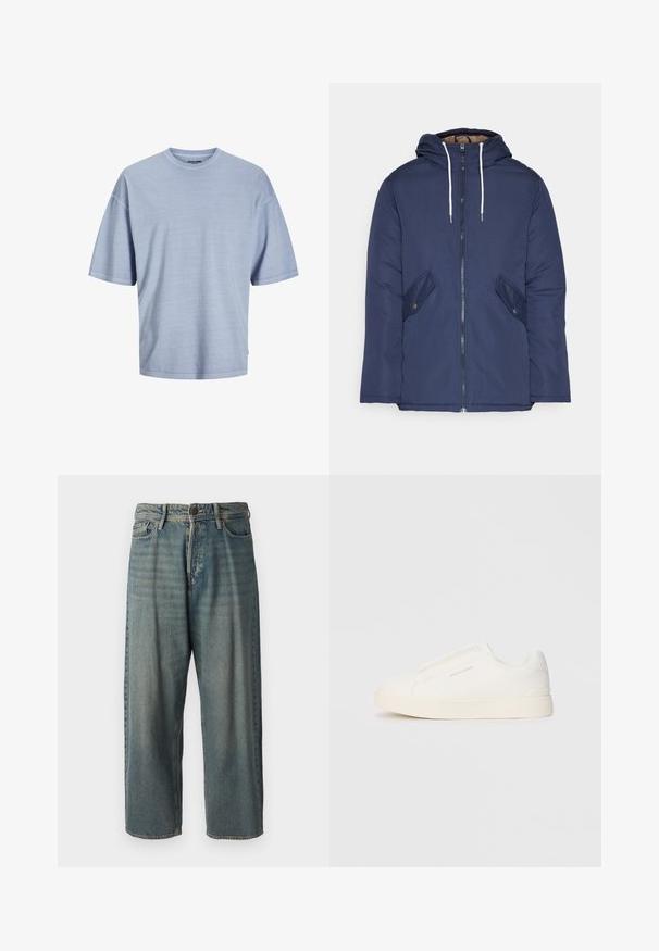 Jūrinė mėlyna pūkinė striukė su kapišonu, turinti priekinį užtrauktuką, dvi šonines kišenes su sagomis ir baltus raiščius.; Šviesiai mėlyna trumpomis rankovėmis marškinėliai, pagaminti iš minkštos medžiagos. Turi apvalų kaklą ir laisvą siluetą su siūlėmis. Paprastas dizainas, be raštų.; Šviesiai mėlyni džinsai su laisvu siluetu, vidutinio aukščio juosmeniu ir tiesiomis kojomis. Su penkiais kišenėmis, diržo kilpo ir mygtukų uždarymu.; Baltos slip-on sportbačiai su tekstūruota paviršiumi, storesniu padu ir minimalistišku dizainu. Šone matosi prekės ženklo logotipas.