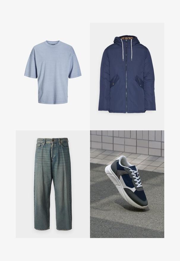 Mørkeblå polstret jakke med hætte, fremhævet af en frontlynlås, to sidelommer med knapper og hvide snore.; Lysblå kortærmet t-shirt lavet af blødt stof. Har en rund halsudskæring og afslappet pasform med syede kanter. Simpelt design, ingen mønstre.; Lyseblå denim jeans med løs pasform, mellemhøj talje og lige ben. Har fem lommer, bæltestropper og en knappelukning.; Sneakers med en overdel i marineblå mesh, grå suedeteksturer, hvid gummisål og flade hvide snørebånd, designet til komfort og åndbarhed.