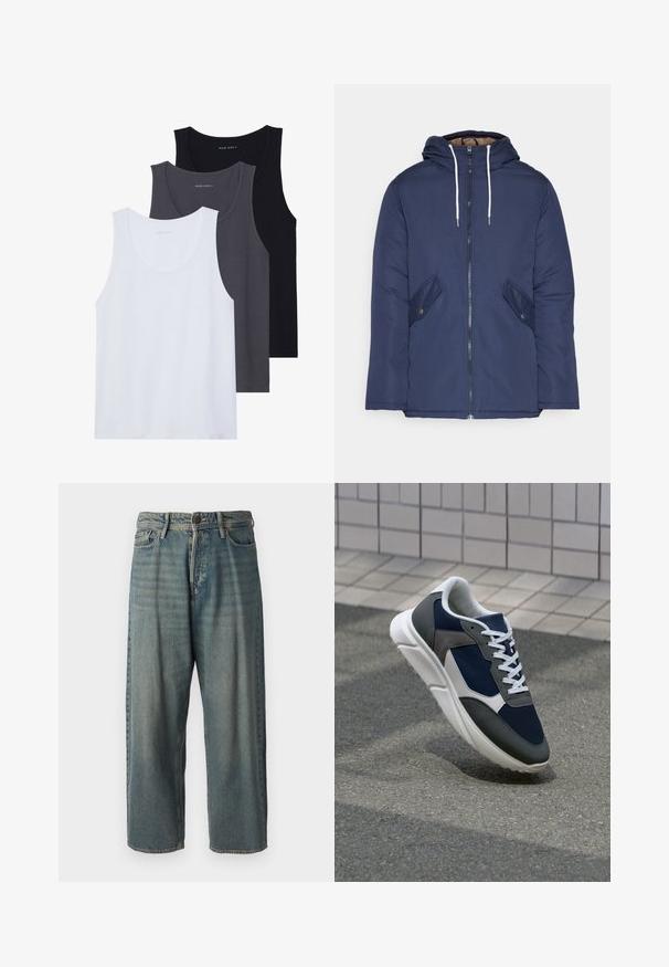 Giacca imbottita blu navy con cappuccio, dotata di zip frontale, due tasche laterali con bottoni e lacci bianchi.; Tre canottiere esposte: una bianca, una grigio scuro e una nera. Realizzate in tessuto morbido con scollature arrotondate e senza motivi prominenti.; Jeans di denim azzurro chiaro con vestibilità ampia, vita media e gambe dritte. Presenta cinque tasche, passanti per cintura e chiusura con bottone.; Sneaker con tomaia in rete blu navy, inserti in suede grigio, suola in gomma bianca e lacci bianchi piatti, progettata per comfort e traspirabilità.