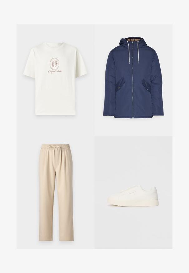 Mornarsko modra podložena jakna s kapuco, ki ima sprednji zadrgo, dva stranska žepa s gumbi in bele vrvice.; Majica iz belega bombaža svetlo smetana, z okroglim izrezom, kratkimi rokavi in osrednjim tiskanim motivom, ki vključuje oval in rjavo besedilo.; Bež hlače z elastikim pasom in vrvico, ravne noge ter mehka, gladka tekstura tkanine.; Bele zapete brez vezalk z teksturirano površino, debelim podplatom in minimalističnim dizajnom. Na strani se nahaja logotip blagovne znamke.