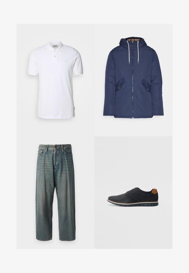 Námorně modrá prošívaná bunda s kapucí, která má přední zip, dvě boční kapsy s knoflíky a bílé šňůrky.; Bílá bavlněná polokošile s klasickým límcem, dvouknoflíkovou légou a malým vyšitým logem na hrudi. Krátké rukávy a rovný lem.; Světle modré denimové džíny s volným střihem, středně vysokým pasem a rovnými nohavicemi. Obsahují pět kapes, poutka na opasek a zapínání na knoflík.; Černé syntetické boty s texturovaným svrškem, hladkými detaily, hnědým podpatkem a kontrastní podrážkou. Obsahují minimální šněrování a švy.