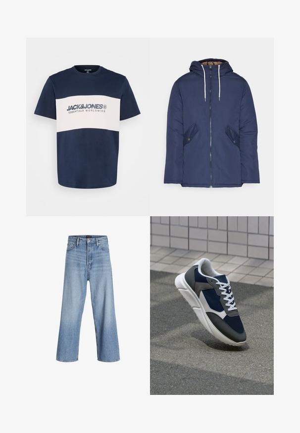Marineblauwe gewatteerde jas met een capuchon, voorzien van een rits aan de voorkant, twee zijzakken met knopen en witte trekkoorden.; Jack & Jones JJELEGACY BLOCKING TEE O NECK - T-shirt print - navy; Lichtblauwe denim wijdvallende jeans met een hoge taille, voorzien van een knoopsluiting, vijf pockets en subtiele vervaging. Schoon afgewerkte zoom.; Sneaker met een marineblauwe mesh bovenwerk, grijze suède accenten, witte rubberen zool en platte witte veters, ontworpen voor comfort en ademend vermogen.