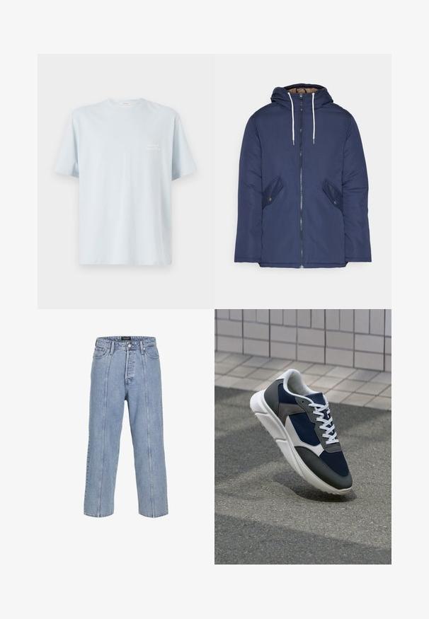 Veste matelassée bleu marine avec capuche, dotée d'une fermeture éclair à l'avant, de deux poches latérales avec boutons et de cordons de serrage blancs.; T-shirt en coton bleu clair avec un col rond et des manches courtes. Présente un petit logo blanc sur la zone gauche de la poitrine. Texture lisse.; Jean en denim bleu clair avec une coupe ample, des jambes larges et des détails de couture visibles. Il dispose d'une fermeture à bouton et zip, ainsi que de cinq poches.; Baskets avec une tige en mesh bleu marine, des accents en suède gris, une semelle en caoutchouc blanc et des lacets plats blancs, conçues pour le confort et la respirabilité.