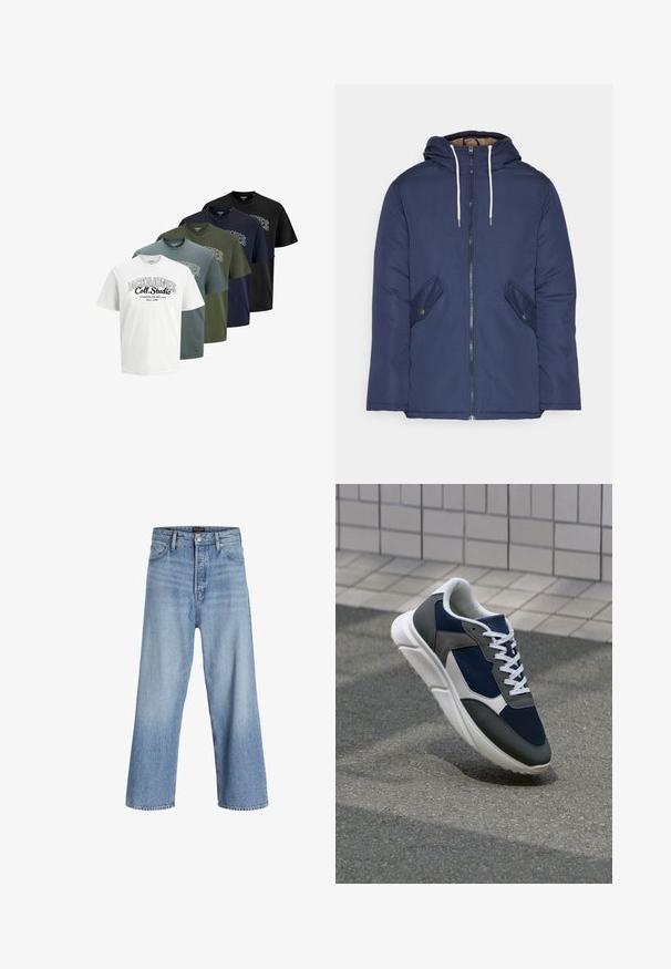 Navy blue padded jacket with a hood, featuring a front zipper, two side pockets with buttons, and white drawstrings.; Five folded short-sleeve crew neck t-shirts in white, blue, green, navy, and black with "JACK & JONES Coll. Studio" text printed on front.; Light blue denim wide-leg jeans with a high waist, featuring a button fly, five-pocket design, and subtle fading. Clean hem finishes.; Sneaker featuring a navy blue mesh upper, gray suede accents, white rubber sole, and flat white laces, designed for comfort and breathability.