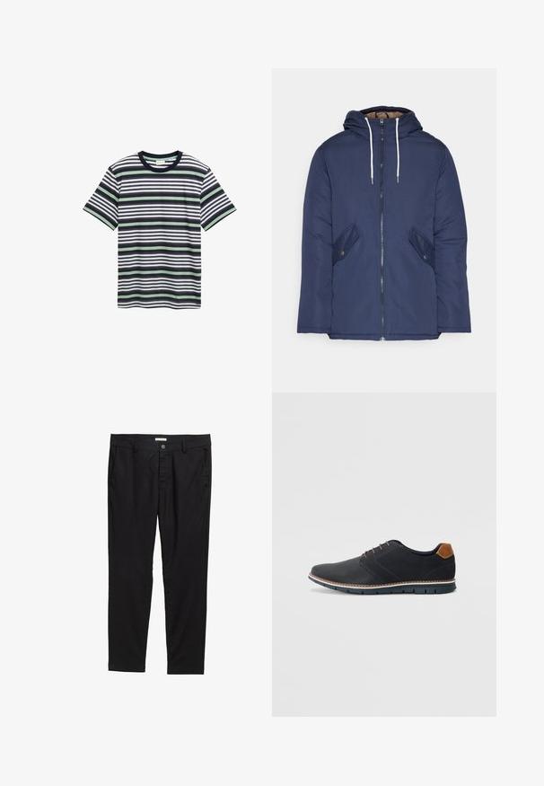 Námornícky modrá vystužená bunda s kapucňou, so zipsom vpredu, dvomi bočnými vreckami s gombíkmi a bielymi šnúrkami.; Pruhované tričko v námorníckej, bielej a zelenej farbe. Má okrúhly výstrih, krátke rukávy a rôzne horizontálne pruhy po celej látke.; Čierne nohavice z hladkej tkaniny, s gombíkovým zapínaním, dvoma prednými vreckami a pritom prispôsobeným strihom.; Čierne syntetické topánky so štruktúrovaným zvrškom, hladkými akcentmi, hnedým opätkom a kontrastnou podrážkou. Majú minimálne šnurovanie a detaily prešitia.