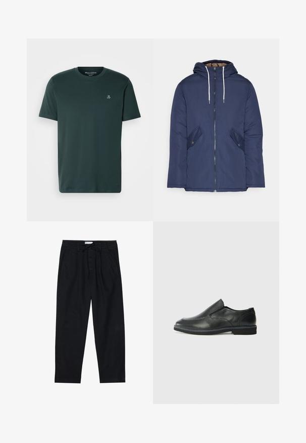 Marineblå polstret jakke med hette, med glidelås foran, to sidelommer med knapper og hvite snorer.; Mørkegrønn T-skjorte laget av myk stoff, med rund hals og korte ermer. Brodert logo på venstre bryst.; Pier One Chinos - black; Sorte skinn slip-on sko med en jevn overflate, stikking detaljer, rund tå og en lav gummihæl. Sålen har minimal mønstring.