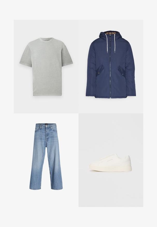 Marineblå polstret jakke med hette, med glidelås foran, to sidelommer med knapper og hvite snorer.; Lys grå t-skjorte med korte ermer og rund hals, vist på en enkel hvit bakgrunn.; Lys blå denim vide bukser med høj talje, der har en knaplukning, fem-lomme design og subtilt slidte områder. Rette kanter.; Hvite slip-on joggesko med teksturert overflate, tykk såle og minimalistisk design. Har merkevarelogo på siden.