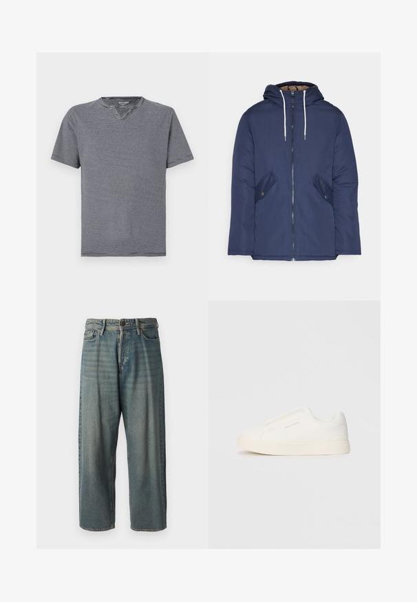 Jūras zila pufīgā jaka ar kapuci, kas aprīkota ar priekšējo rāvējslēdzēju, divām sānu kabatām ar pogām un baltiem aukliņām.; Kreklu ar īsām piedurknēm, zilā un baltā svītrā, ar noapaļotu kakla izgriezumu un diviem pogām, izgatavots no maiga kokvilnas auduma.; Gaiši zili džinsi ar brīvu piegriezumu, vidējo jostas augstumu un taisnām kājām. Satur piecas kabatas, jostas cilpas un pogu aizdari.; Baltas slip-on sporta apavi ar teksturētu virsmu, biezu zoli un minimālistisku dizainu. Sānos redzams zīmola logotips.