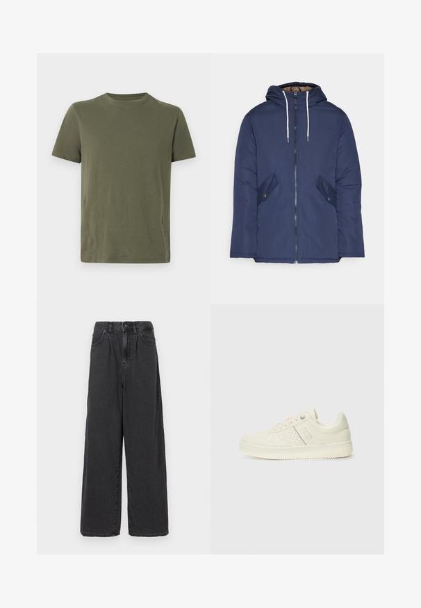 Σακάκι ναυτικού μπλε με επένδυση και κουκούλα, με φερμουάρ μπροστά, δύο πλάγιες τσέπες με κουμπιά και λευκές κορδόνες.; Κοντομάνικο T-shirt σε ελιά πράσινο χρώμα, κατασκευασμένο από μαλακό βαμβάκι, με στρογγυλή λαιμόκοψη και απλό σχεδιασμό. Δεν υπάρχουν ορατά μοτίβα ή διακοσμητικά στοιχεία.; Μαύρο τζιν παντελόνι με φαρδιά πόδια και ψηλή μέση, με κλείσιμο μπροστά με κουμπί και φερμουάρ, διαθέτει πλευρικές τσέπες και λεία υφή.; Αθλητικό παπούτσι σε κρέμα χρώμα με διάτρητη λεπτομέρεια, κορδόνια και λογότυπο στο πλάι, τοποθετημένο σε λευκό φόντο.