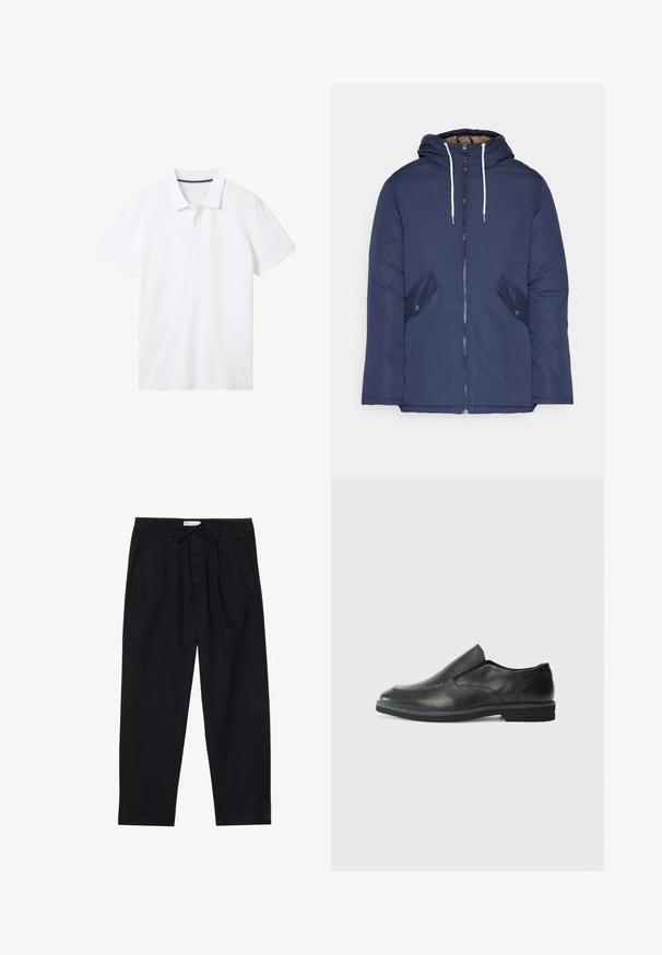 Mørkeblå polstret jakke med hætte, fremhævet af en frontlynlås, to sidelommer med knapper og hvide snore.; TOM TAILOR BASIC WITH CONTRAST - Poloshirts - white; Pier One Chino - black; Sorte læder slip-on sko med en glat overdel, syede detaljer, rund tå og en lav gummihæl. Sålen har minimal profil.