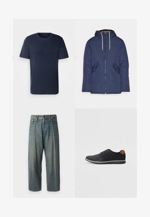 Mornarsko modra podložena jakna s kapuco, ki ima sprednji zadrgo, dva stranska žepa s gumbi in bele vrvice.; Mornarsko modra bombažna majica s kratkimi rokavi in krožnim izrezom, z majhnim vezenim logotipom na prsih. Gladka tekstura, standardna prileganje.; Svetlomoderne kavbojke z ohlapnim krojem, srednjim pasom in ravnimi nogami. Imajo pet žepov, zanke za pas in zapiranje na gumb.; Črne sintetične čevlje z teksturirano zgornjščino, gladkimi akcenti, rjavim petnim delom in kontrastnim podplatom. Imajo minimalno vezanje in detajle šivanja.