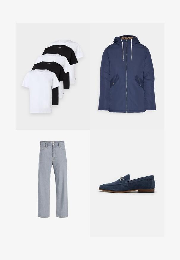 Námorně modrá prošívaná bunda s kapucí, která má přední zip, dvě boční kapsy s knoflíky a bílé šňůrky.; Pět triček s krátkým rukávem vystavených: dvě bílá, tři černá. Každé je z bavlny, má kulatý výstřih a klasický střih.; Světlé modré denimové džíny s uvolněným střihem, rovnými nohavicemi, viditelným šitím, dvěma předními kapsami a zapínáním na knoflík.; Námořnické semišové mokasíny s kulatou špičkou, malým dekorativním akcentem a kontrastní hnědou podrážkou. Hladký povrch s jemnými švy.