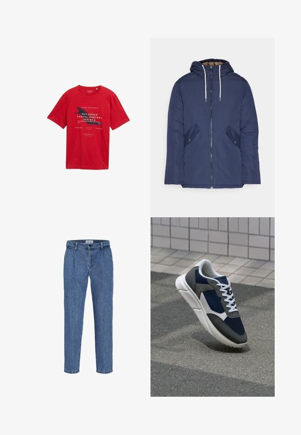 Jūras zila pufīgā jaka ar kapuci, kas aprīkota ar priekšējo rāvējslēdzēju, divām sānu kabatām ar pogām un baltiem aukliņām.; Sarkans kokvilnas T-krekls ar īsām piedurknēm, apaļu izgriezumu un grafisku druku, kurā redzams teksts un putna dizains melnbaltā krāsā.; Gaiši zili džinsu bikses ar brīvu piegriezumu, augstu jostasvietu, diviem priekšējiem krokām un pagrieztu apakšmalu. Vienkārša pogas un rāvējslēdzēja aizdares sistēma.; Sporta apavi ar tumši zilas krāsas tīkla augšdaļu, pelēku zamšādas akcentiem, baltu gumijas zoli un plakaniem baltiem šņorēm, kas izstrādāti komfortam un elpojamībai.