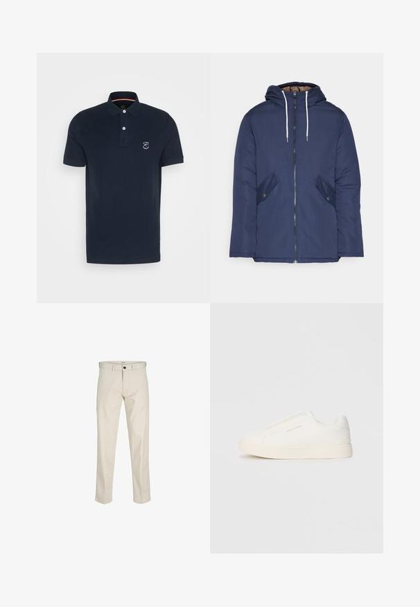 Tumesinine vahtkatseline jakk, millel on kapuuts, esilukk, kaks küljetaskut nupuga ja valged tõmblukud.; Tumesinine polo-särk puuvillast, kahekroonise nupuga, lühikeste varrukatega ja vasakul rinnal logoga. Sile tekstuur, klassikaline lõige.; Beeži puuvillased püksid sirge lõikega, nööpidega lukuga, ees taskud ja õmmeldud õmblused. Sile tekstuur, minimaalne disain ja ilma mustriteta.; Valged libisemiskindlad tossud tekstuuriga pinnaga, paksu tallaga ja minimalistikus disainis. Küljel on brändi logo.