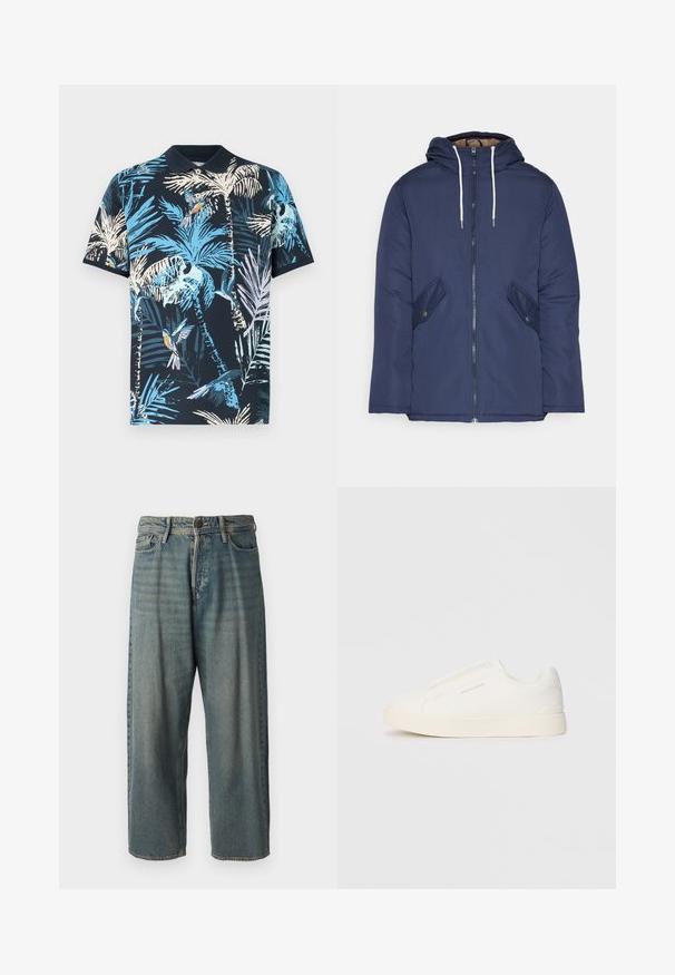 Námorně modrá prošívaná bunda s kapucí, která má přední zip, dvě boční kapsy s knoflíky a bílé šňůrky.; Námořnické polo tričko s barevným tropickým potiskem, zahrnujícím palmové listy a ptáky, vyrobené z měkké bavlněné tkaniny a s klasickým límcem.; Světle modré denimové džíny s volným střihem, středně vysokým pasem a rovnými nohavicemi. Obsahují pět kapes, poutka na opasek a zapínání na knoflík.; Bílé slip-on tenisky s texturovaným povrchem, silnou podešví a minimalistickým designem. Na boku je umístěno logo značky.