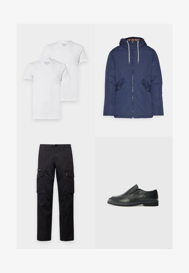 Marineblauwe gewatteerde jas met een capuchon, voorzien van een rits aan de voorkant, twee zijzakken met knopen en witte trekkoorden.; Twee witte V-hals T-shirts van katoen, met korte mouwen en een relaxte pasvorm, met een merklLogo op één mouw.; Zwarte cargobroek met meerdere zakken, een ritszak op de dij, rechte pasvorm en stevige katoen met een subtiele glans.; Zwarte leren instapper met een soepele bovenkant, gestikte accenten, ronde neus en een lage rubberen hak. De zool heeft minimale profiel.