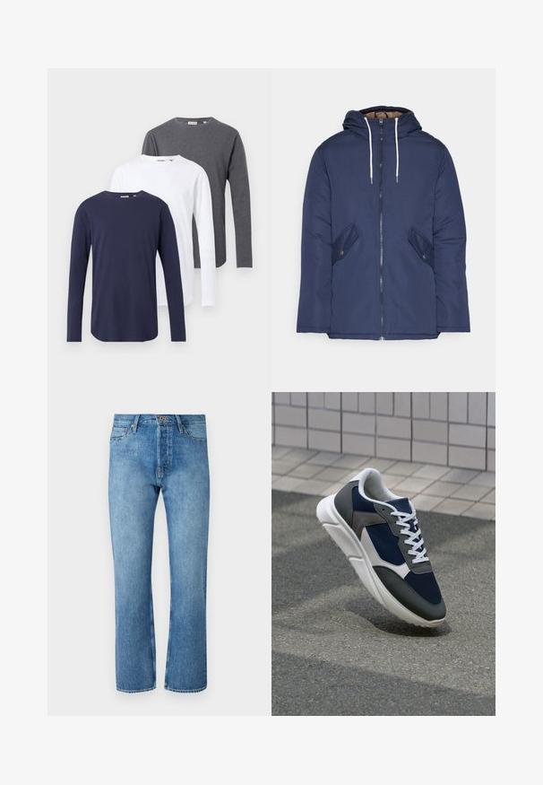 Marineblauwe gewatteerde jas met een capuchon, voorzien van een rits aan de voorkant, twee zijzakken met knopen en witte trekkoorden.; Drie t-shirts met lange mouwen in marineblauw, wit en grijs. Gemaakt van katoen, met ronde hals en rechte zoom.; Lichtblauwe denimjeans met een recht model, voorzien van een klassieke vijf-pocketontwerp, een knoopsluiting en contrasterende stiksels.; Sneaker met een marineblauwe mesh bovenwerk, grijze suède accenten, witte rubberen zool en platte witte veters, ontworpen voor comfort en ademend vermogen.