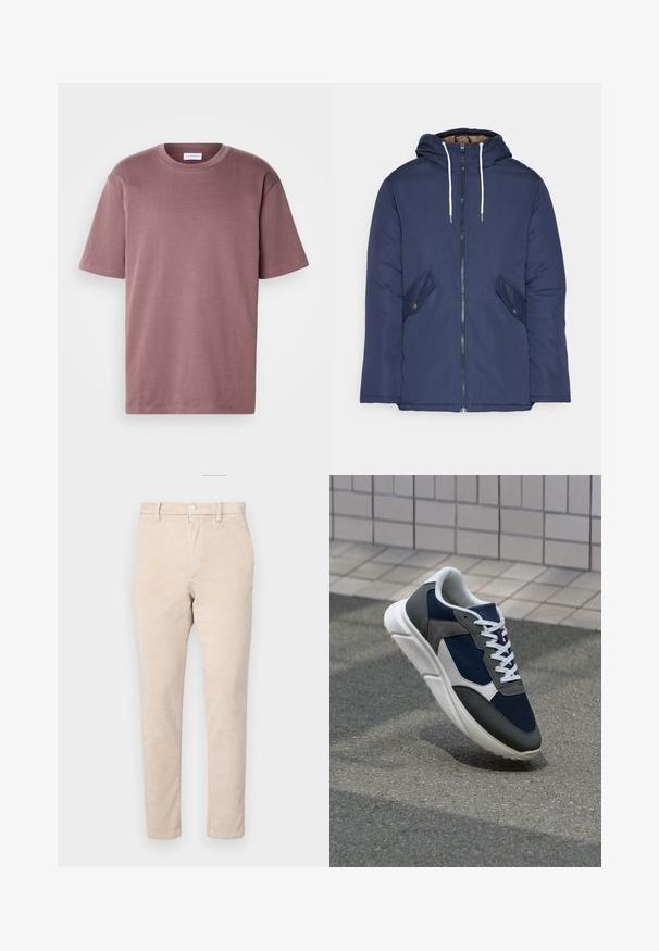 Jūrinė mėlyna pūkinė striukė su kapišonu, turinti priekinį užtrauktuką, dvi šonines kišenes su sagomis ir baltus raiščius.; Šviesiai violetinės spalvos trumpomis rankovėmis marškinėliai, pagaminti iš švelnios medvilnės. Turi apvalų iškirpimą ir laisvą siluetą. Lygus paviršius, minimalus puošimas.; Bežinės širdelės kelnės su tiesiu kojų dizainu, pasižyminčios mygtuko uždarymu, diržo kilpomis ir subtiliu grioveliniu tekstūru.; Sportiniai bateliai su tamsiai mėlynu tinkliniu viršumi, pilkais zomšiniais akcentais, balta guma padanga ir plokščiomis baltomis raištelėmis, sukurti komfortui ir oro pralaidumui.