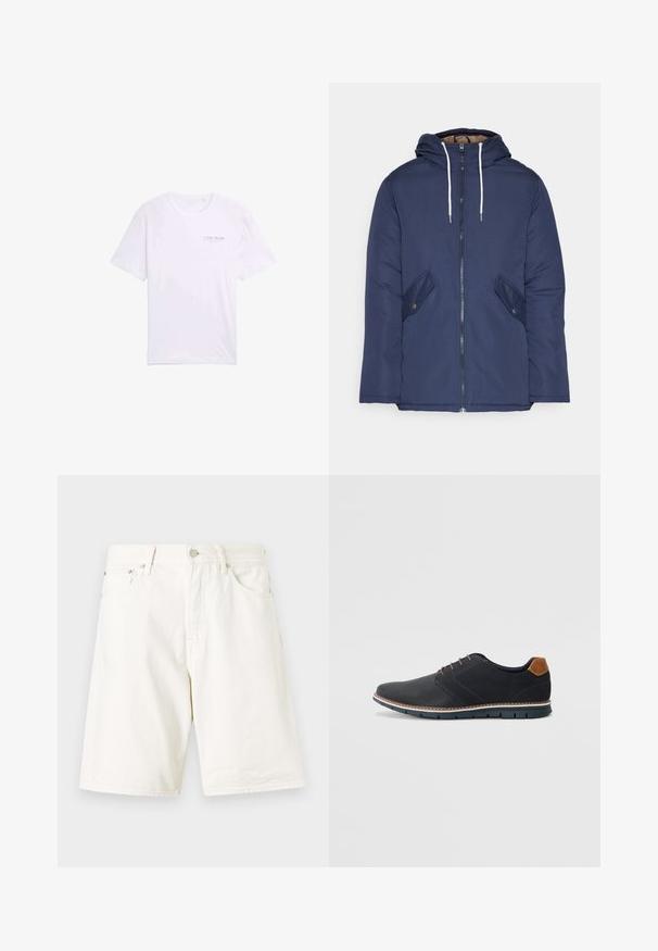 Marineblauwe gewatteerde jas met een capuchon, voorzien van een rits aan de voorkant, twee zijzakken met knopen en witte trekkoorden.; Witte katoenen T-shirt met korte mouwen, ronde hals en een klein bedrukte logo op de linker borst. Soepele textuur, casual ontwerp.; Witte denim shorts met een recht model, voorzien van riemlussen, een ritssluiting en twee voorzakken. Gladde textuur en eenvoudig ontwerp.; Zwarte synthetische schoenen met een gestructureerde bovenkant, gladde accenten, bruine hak en een contrasterende zool. Bevat minimale veters en stikdetails.