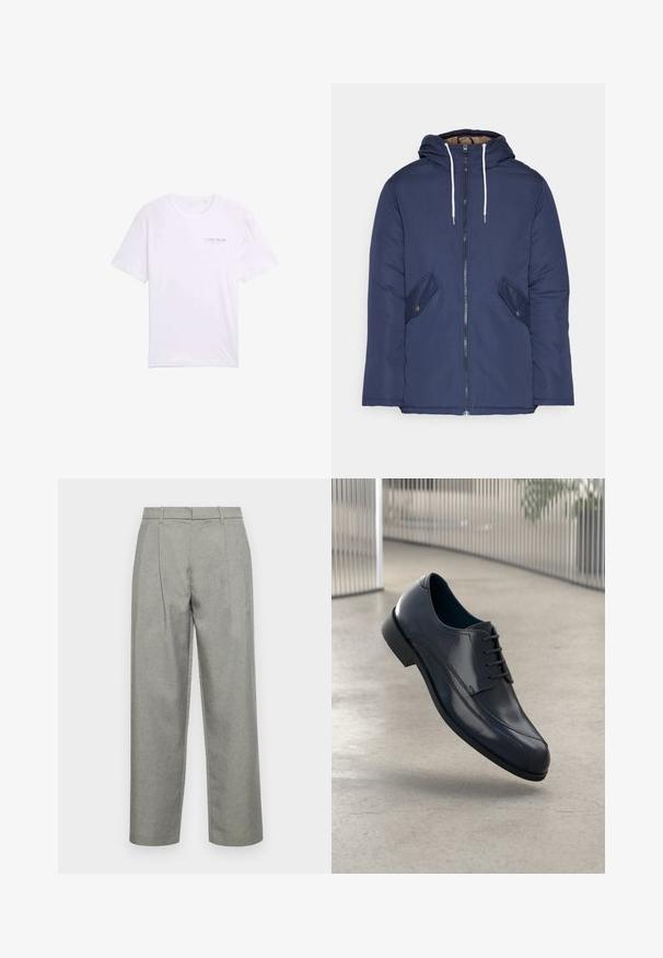 Marineblauwe gewatteerde jas met een capuchon, voorzien van een rits aan de voorkant, twee zijzakken met knopen en witte trekkoorden.; Witte katoenen T-shirt met korte mouwen, ronde hals en een klein bedrukte logo op de linker borst. Soepele textuur, casual ontwerp.; Grijze op maat gemaakte broeken van gestructureerde stof, met een klassieke rechte pijpdesign, voorplooien en een standaard tailleband met riemlussen.; Glanzende zwarte leren schoenen met veters, zwevend boven een glad, lichtgrijze vloer en verticale metalen stangen op de achtergrond.