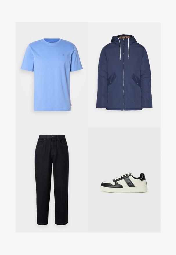 Mørkeblå polstret jakke med hætte, fremhævet af en frontlynlås, to sidelommer med knapper og hvide snore.; Lyseblå bomulds T-shirt med rund halsudskæring og korte ærmer. Har et lille broderet logo på brystet og en sideskilt.; Mørkeblå denimbukser med en afslappet pasform, der har knap- og lynlåslukning, to forlommer og stikninger som pynt.; Lædersneakers i sort og creme farveskema, med perforerede detaljer, en polstret krave og en struktureret ydersål.