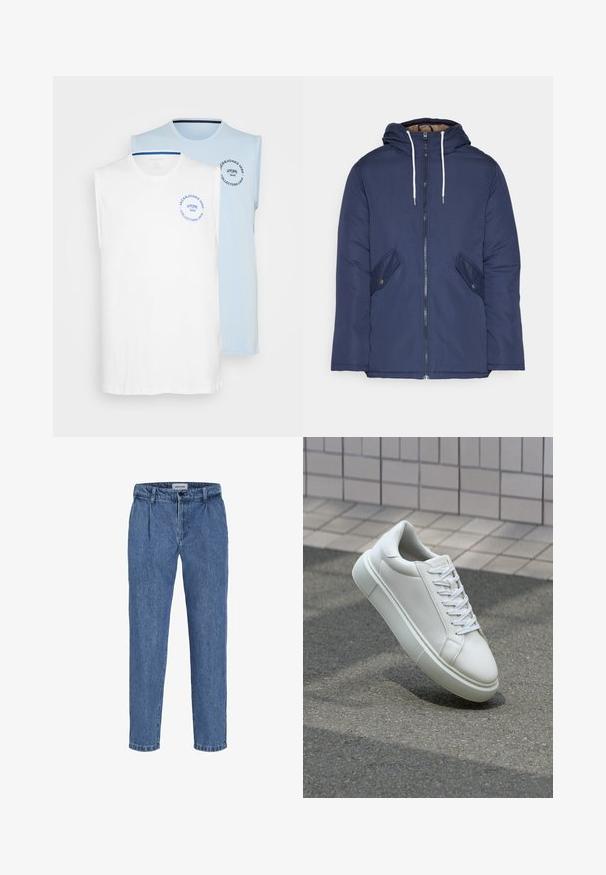 Mørkeblå polstret jakke med hætte, fremhævet af en frontlynlås, to sidelommer med knapper og hvide snore.; To ærmeløse t-shirts i hvid og lyseblå. Begge har rund hals og trykte logoer i blå. Blødt bomuldsstof.; Lyseblå denimbukser med en afslappet pasform, der har høj talje, to frontfoldninger og en opfoldet nederdel. Enkel knap- og lynlåslukning.; Hvide lædersneakers med en glat overflade, rund tå og flade hvide snørebånd. Har en tekstureret gummisål og minimalt design.