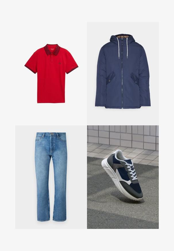 Námornícky modrá vystužená bunda s kapucňou, so zipsom vpredu, dvomi bočnými vreckami s gombíkmi a bielymi šnúrkami.; Červené polo tričko s krátkym rukávom, tmavým golierom a okrajmi rukávov, zapínaním na dva gombíky a malým logom na hrudi.; Svetlomodré riflové nohavice s rovnými nohavicami, ktoré majú klasický dizajn s piatimi vreckami, zapínanie na gombík a kontrastné prešívanie.; Tenisky s sieťovinou v námorníckej modrej farbe, so sivými semišovými detailmi, bielou gumovou podrážkou a plochými bielymi šnúrkami, navrhnuté pre pohodlie a priedušnosť.